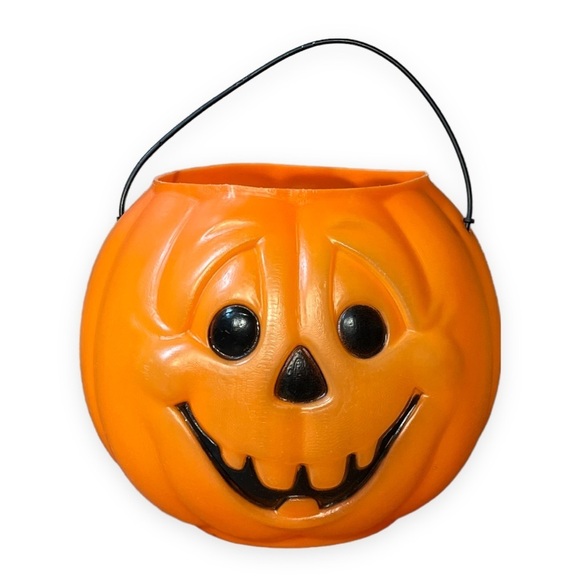 Vintage Halloween Blow Mold General Foam Pumpkin Jack O Lantern Candy Bucket - Picture 1 of 10